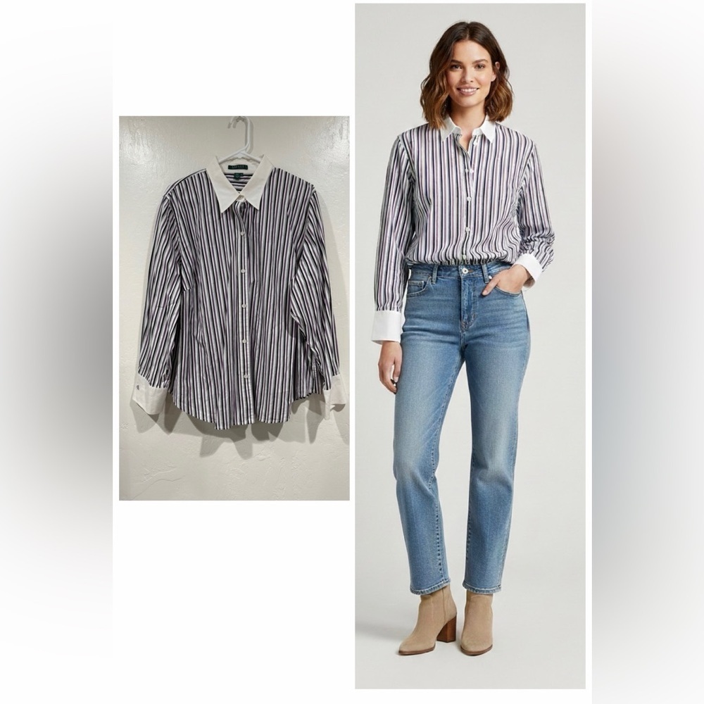 Lauren Ralph Lauren Multi Color Stripes Button Up 100% Cotton Shirt Size 2X